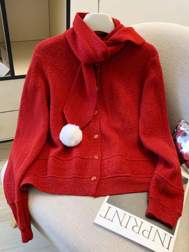 

Ele Red Knitted Cardigan Sweater Spring 2026 round Ne Ball Trim Faionable Korean Sle Loose Fit Long Sve Warmth