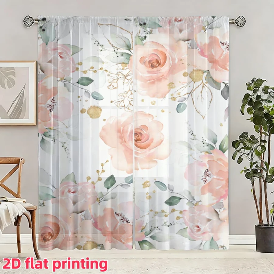 2PCS Digital Printed Sheer Curtain, Peach Rose Flower Print, Soft Romantic Pastel Floral for Living Room Bedroom Home Decor - view 4