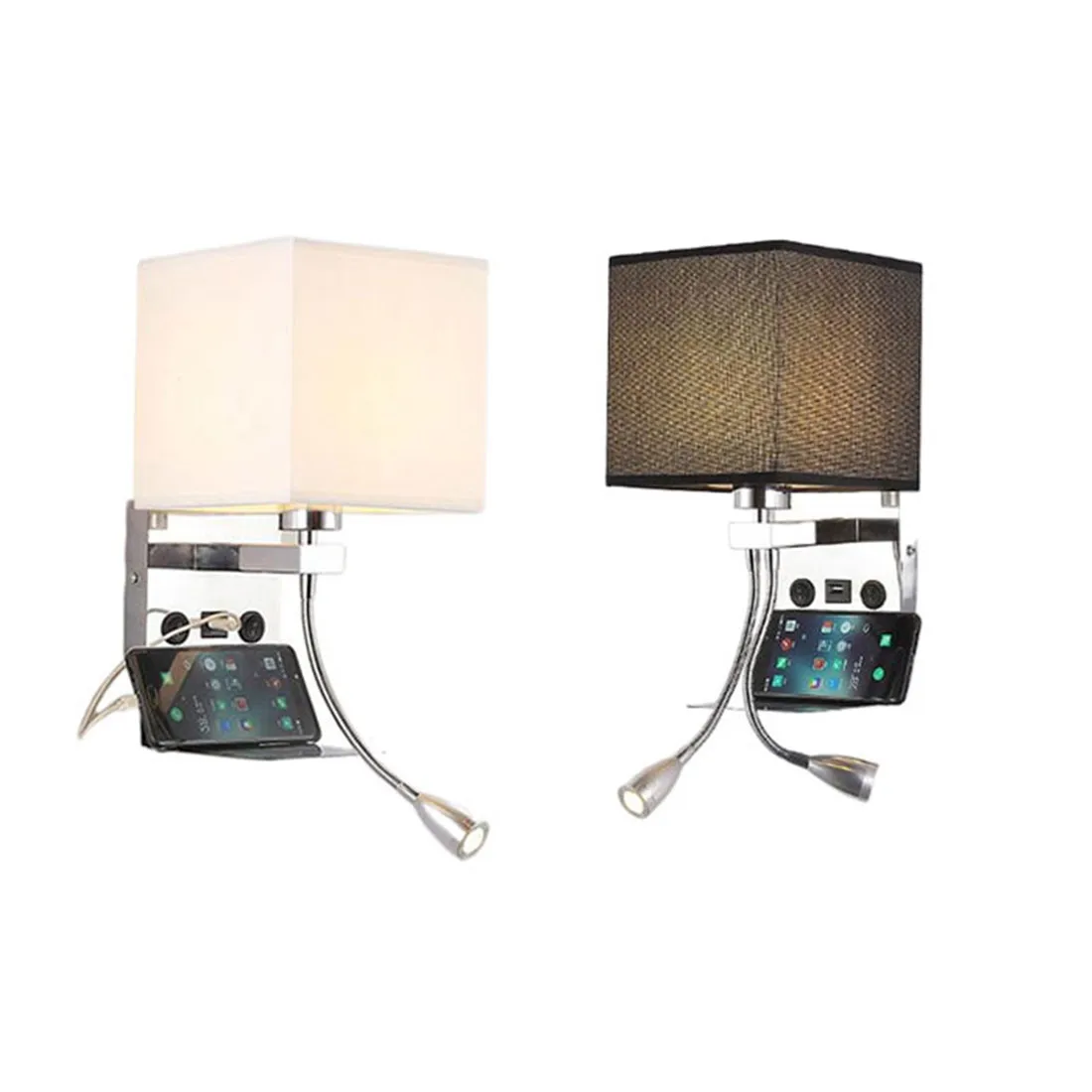 

Fabric Lampshade Wall Lamp with USB Charging Port and Phone Holder Modern Swing Arm Wall Lighting for reading and mobile stands