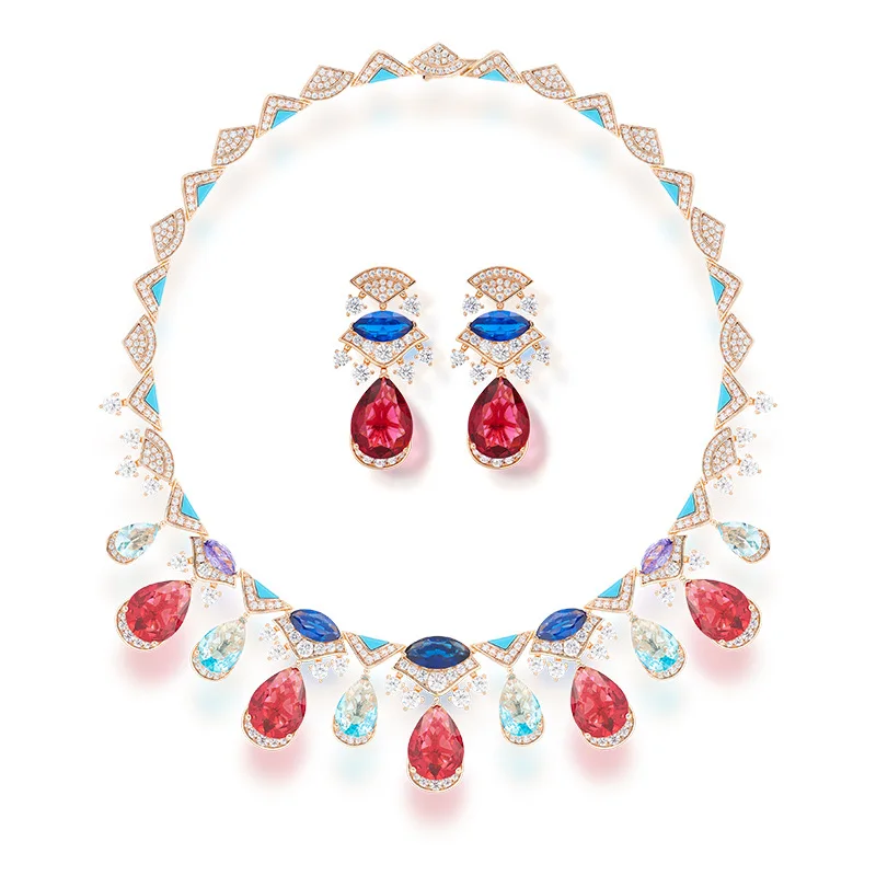 

Women Luxury Red Blue Contrast Water Drop Jewelry Set Gold Plated Inlaid Cubic Zirconia Elegant Evening Dress Party Fine Jewelry