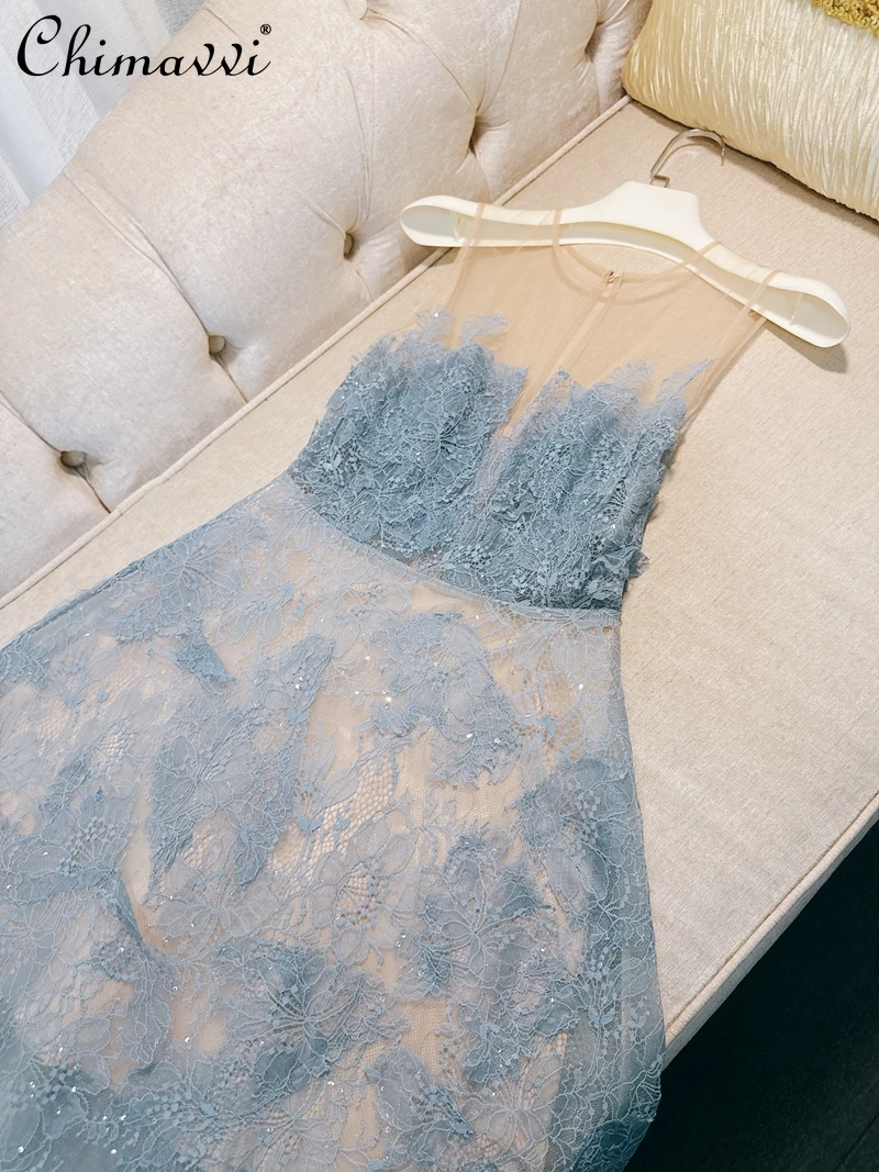 Abito senza spalline trasparente con paillettes a fiori 3D patchwork di pizzo leggero di lusso da donna 2025 Nuovi abiti lunghi per feste di compleanno con fata pesante