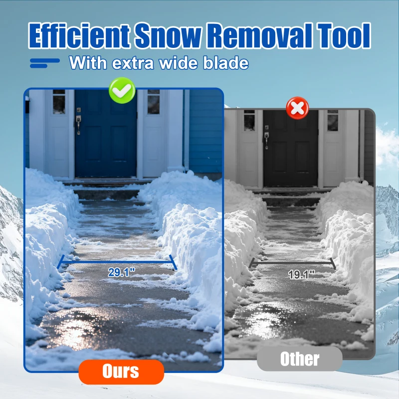 مجرفة ثلج شديدة التحمل مقاس 30 بوصة مع عجلات، ارتفاع زاوية قابل للتعديل، مقبض مريح، شفرة فولاذية كربونية، قوية ومتينة