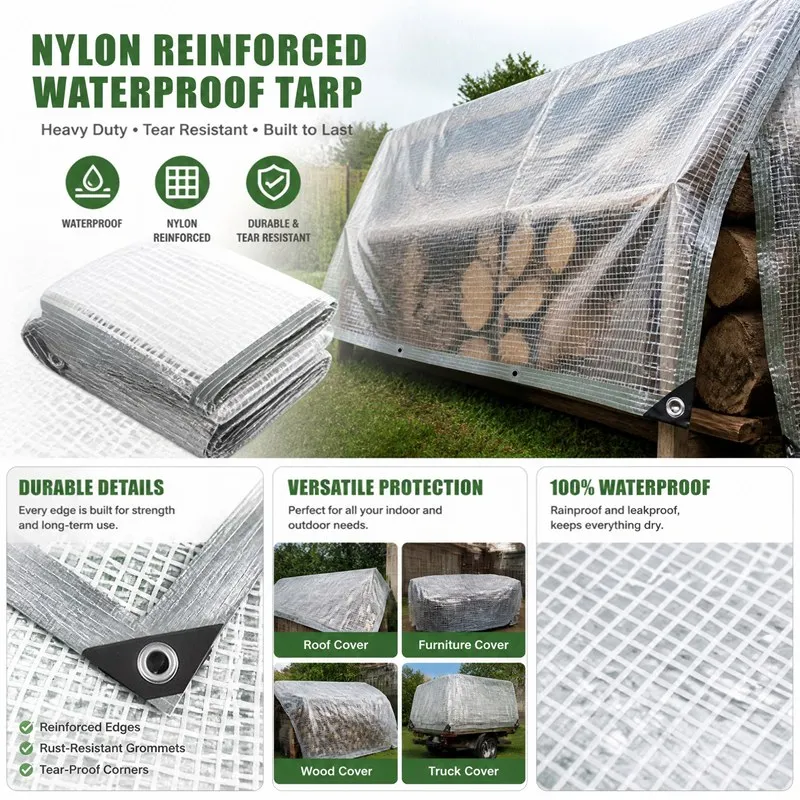 Premium Grid Semi Transparent Waterproof Tarpaulin, Anti‑UV Gentle Shade Rainproof Cloth, See‑Through Grid Tarp Cover with Reinforced Edges, Durable Weather Resistant, Ideal for Balcony, Patio, Pergola, Greenhouse, Outdoor Plant Shelter