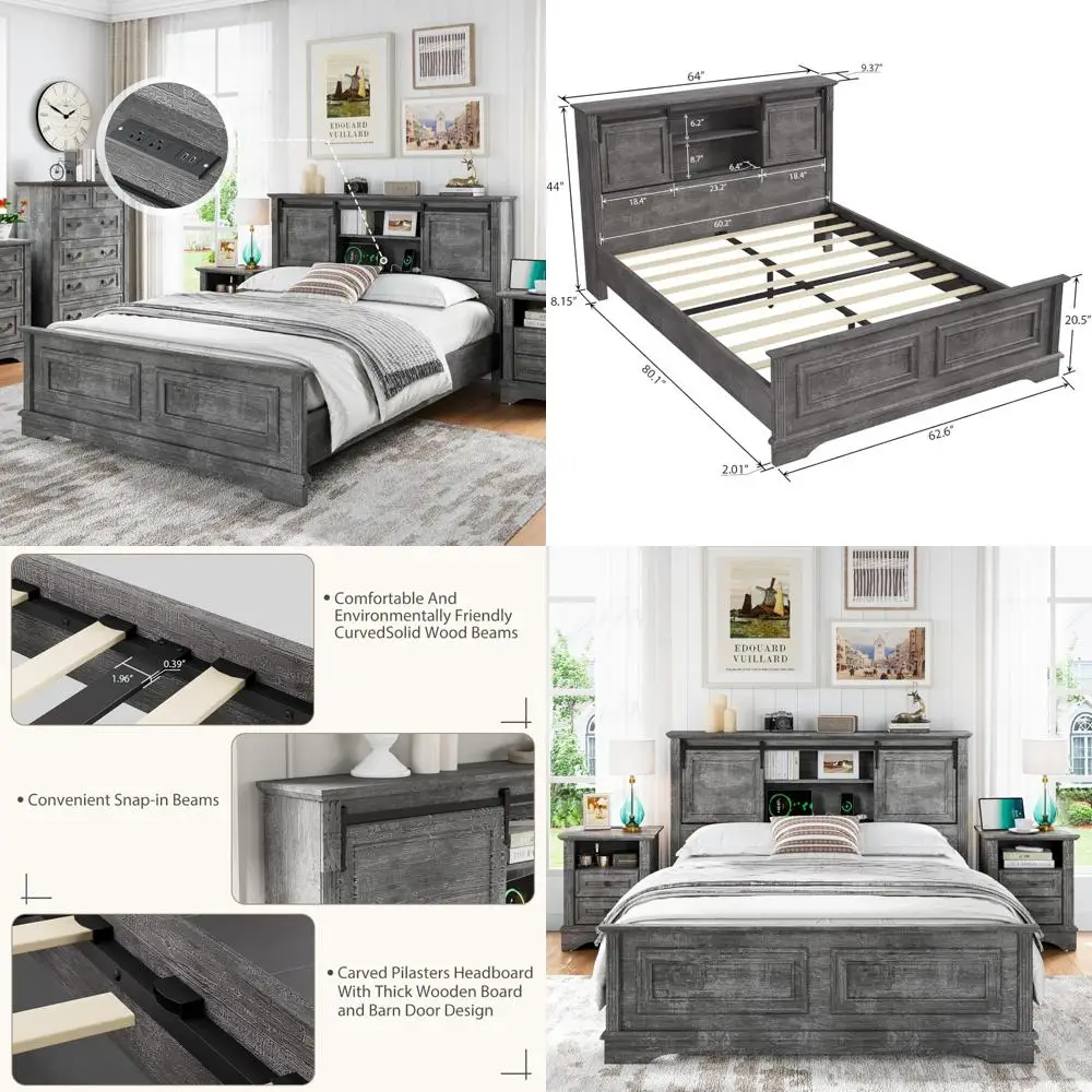 Queen Size Farmhouse Style Bed Frame with Storage, Bookcase Headboard, Wood Platform Bed with Charging Station and Bracket Footb