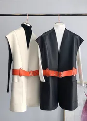 Gilets à col en V en cuir de mouton véritable pour femmes, gilet de créateur, ceinture, haute qualité, tout neuf, printemps, 2023, B773