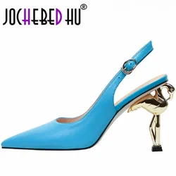 【JOCHEBED hu】 golden Flamingo wysokie obcasy buty kobieta skóra cielęca skórzany pasek Runway sandały kobiety moda Party buty 33-46