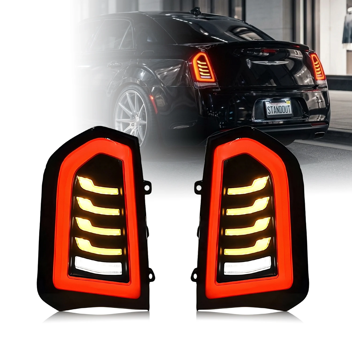 HCMOTIONZ LED Tail Lights for Chrysler 300 300C Lancia Thema 2015-2023 Start-up Animation Sequential Smoked White Guide