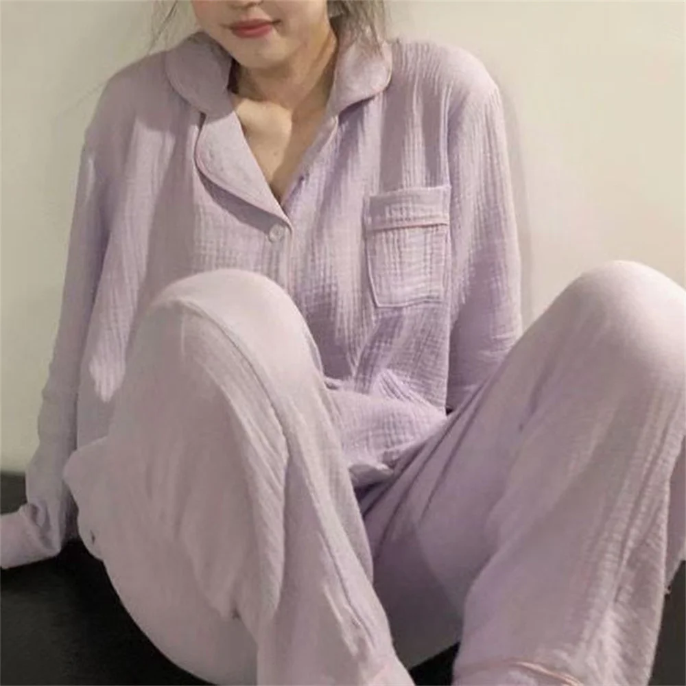 Women\'s Pajamas Sleepwear Set Solid Color Buttons Cardigan Long Sleeve Homewear Casual Home Suit Pijamas Set for Woman