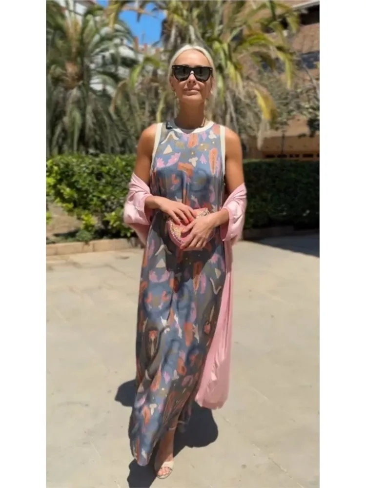 

new Autumn Women's Two-piece Sets Dress Sleeveless Round-neck Ankle-length Sundress Cape Coat Bohemian Printed Vacation Dress