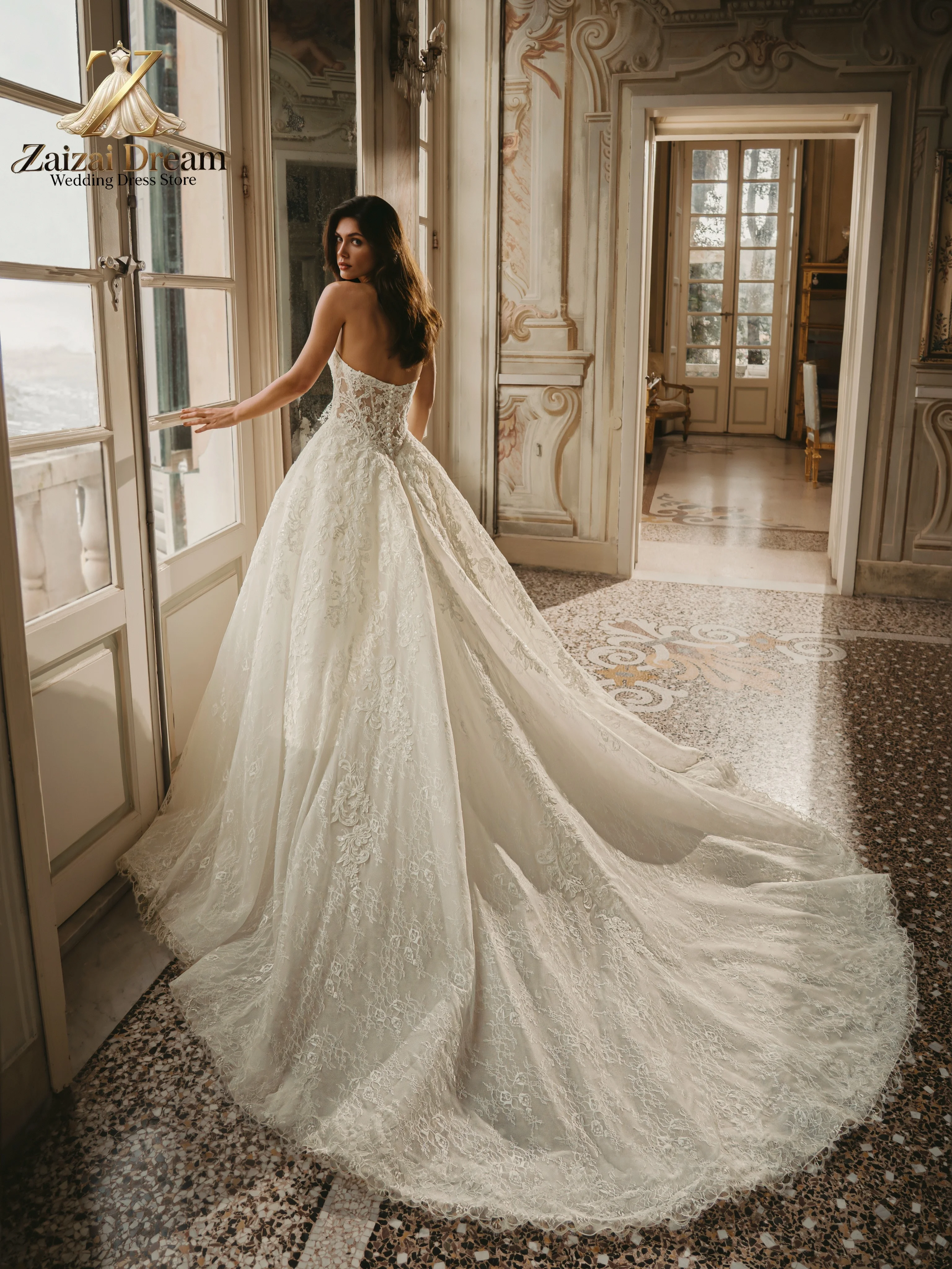 Customized Romantic Lace Wedding Dress Strapless Corset Bodice A Line Bridal Gown with Long Train for Bride Vestido De Noiva