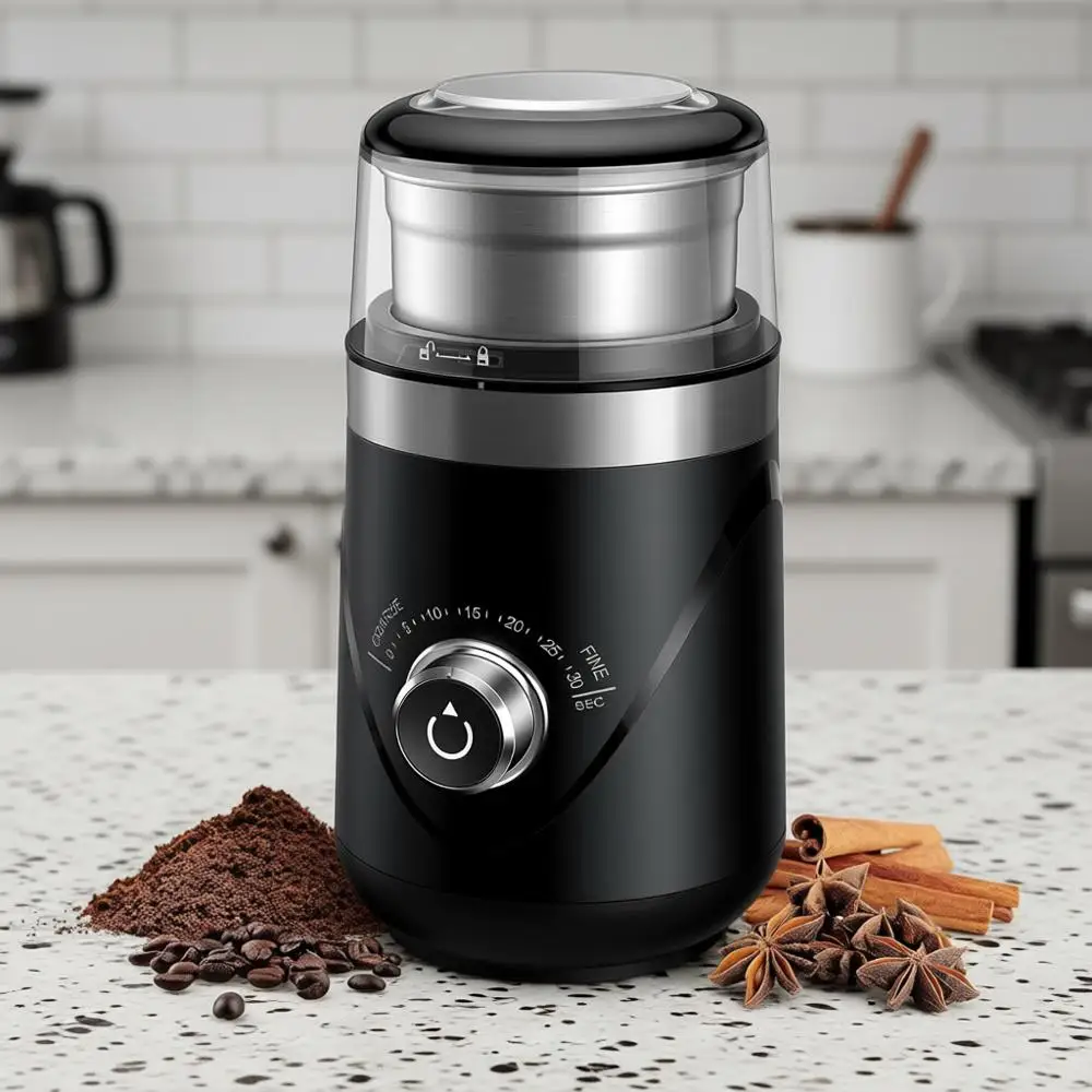 

Супертихая кофемолка с регулировкой помола, поворотной ручкой и таймером, регулируемая от грубого до тонкого помола для кофейных зерен, специй и трав.