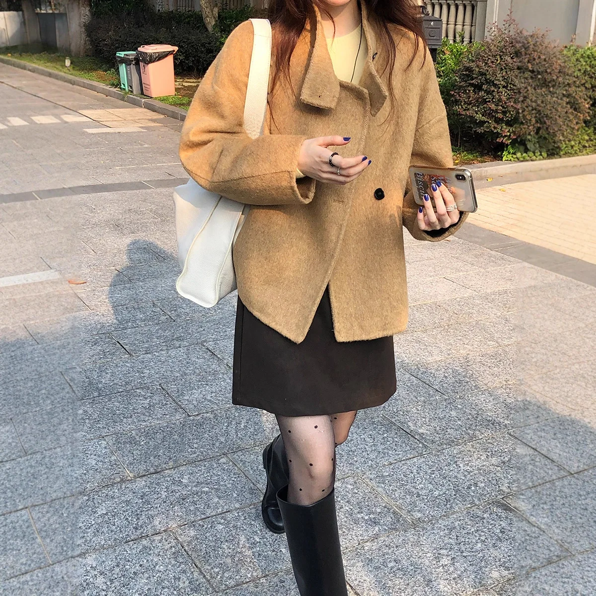 

Двустороннее шерстяное пальто с воротником-стойкой для женщин, зима 202, новое короткое шерстяное пальто в корейском стиле с атмосферой