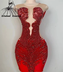 Red Sheer O Neck Short Prom Dress For Black Girls Bead Crystal Birthday Party Dresses Mini Mermaid Abiti Da Cocktail Customized