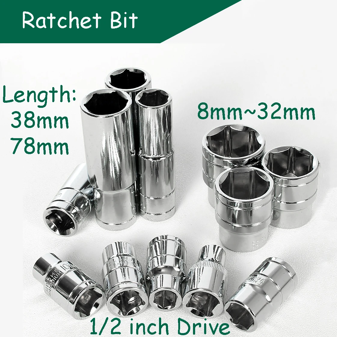 

8~32mm Ratchet Bit Set Hex Socket Bit 38/78mm Length Metric Wrench 1/2" Drive Wrench Hex Extension Bar Ratchet Repair Hand Tool