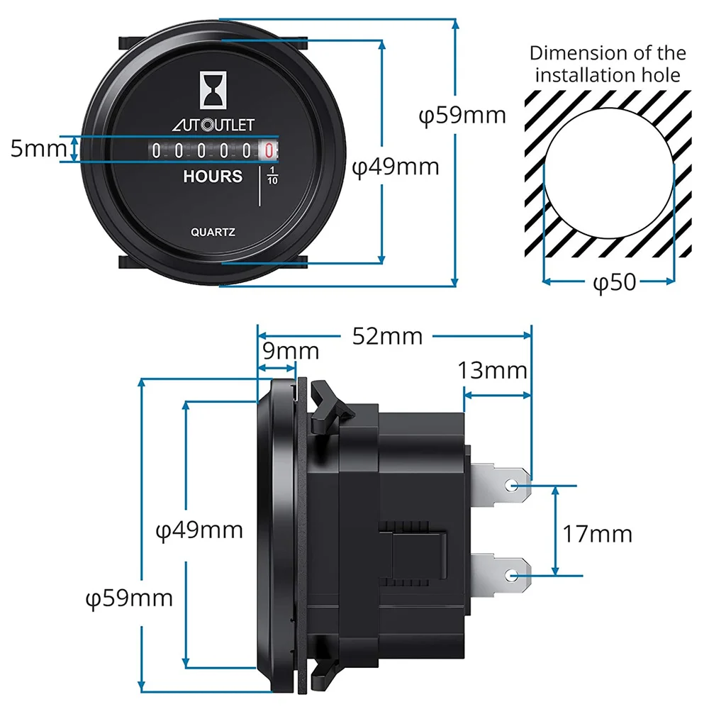 Mechanical Round Hour Meter Gauge AC/DC 6V-80V Quartz Hour Meter 2 Inch Hourmeter for Boat Auto ATV Snowmobile Lawn Mower