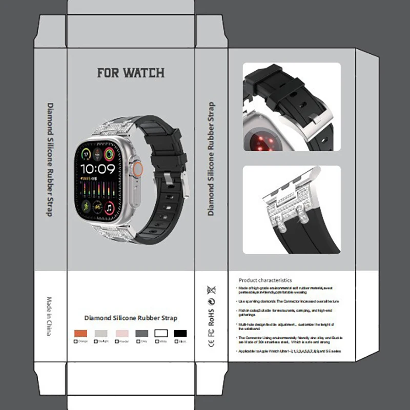Rubber Strap for Apple Watch 9 45mm Ultra 2 49MM 44mm 42mm Diamond Connector Silicone Watch Band for IWatch9 8 SE 7 6 4 5 3 2 1