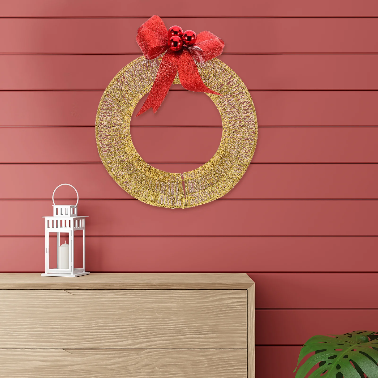 

Christmas Wreath with LED Warm Lights Metal Frame Glowing Holiday Decor Bow Front Door Hanging Indoor Outdoor Festive Party