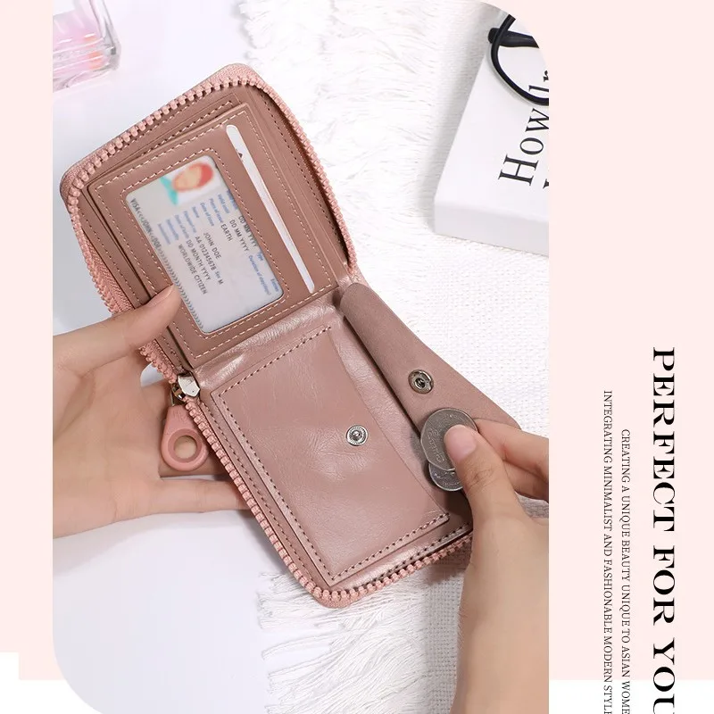 Carteira de couro com zíper couro pu pequena bolsa de moedas carteira feminina compacta multi slot titular do cartão para viagens estudantes presente