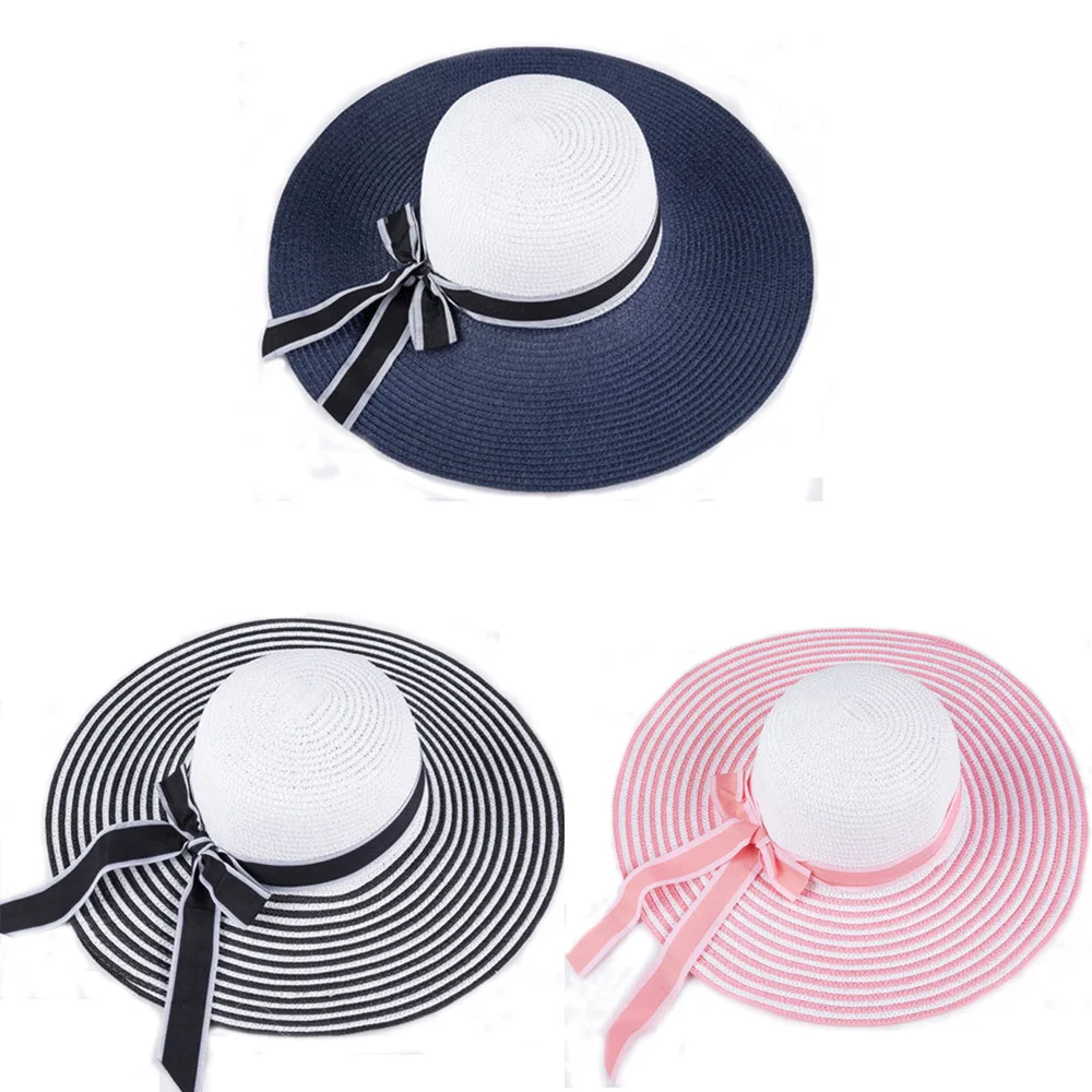 3 color available 55-58cm big brim Sunshade beach straw hat with bowknot used for women Sunscreen and UV protection straw sunhat