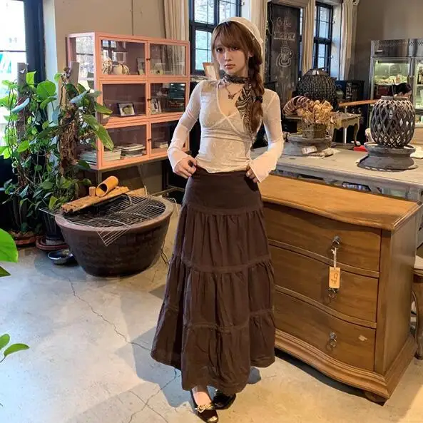 Wedbleser Korean Retro Slimming High Waisted Midi Skirt Women 2025 Autumn Lace Patchwork Long Brown A-line Cake Skirts