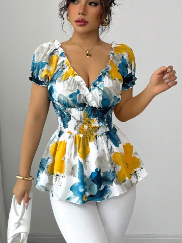 

Fashion Women V-neck Printed Top Summer Elegant Casual Fresh And Sweet Color Colorful Short Sleeve Ruffles Slim Vacation T-shirt