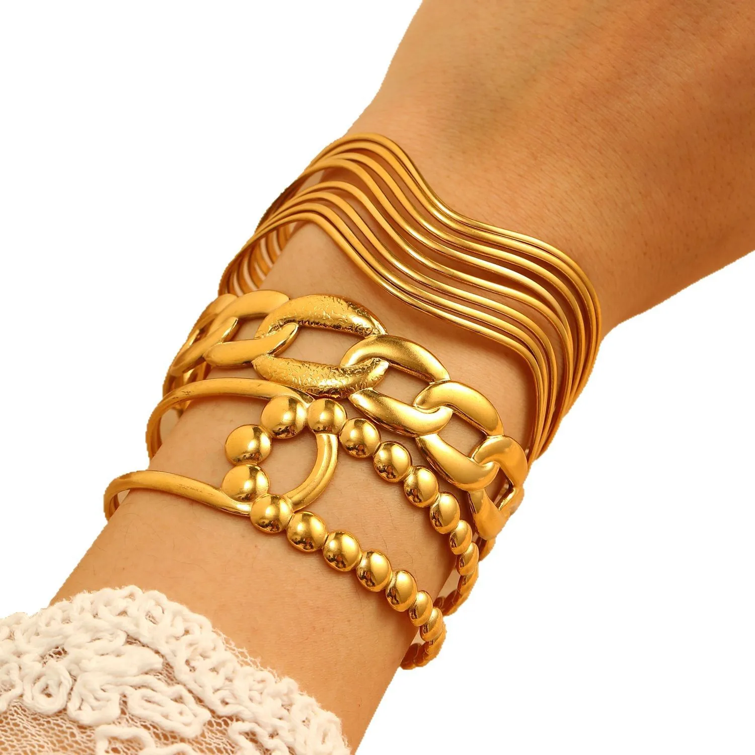 

Golden Leaf Flower Chain Heart Cuff Bangle Stainless Steel Wristband Women Jewelry Arm Band Hollow Multiple Layer