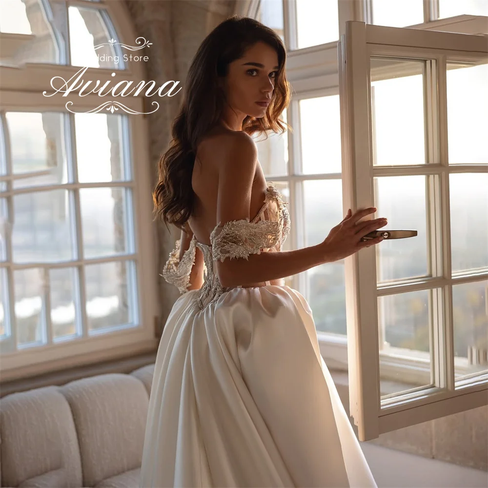 Off Shoulder Lace Corset Satin Wedding Dress High Side Slit Cathedral Train Backless Ivory Bridal Gown Custom Vestido De Novia