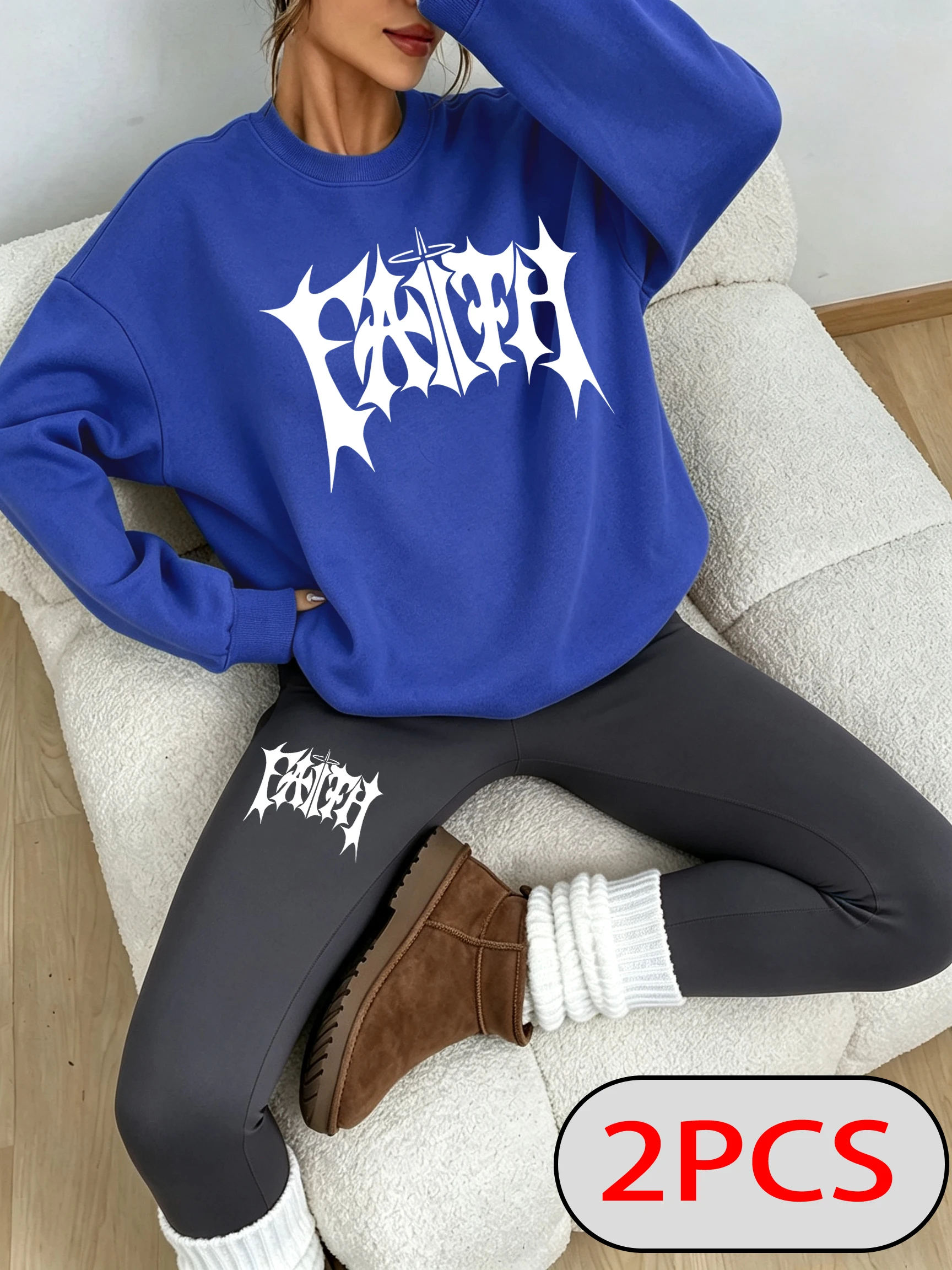 Creative Faith Art Letter Pattern Women Sweatshirt Set Fleece Thicken Leggings Y2K Elasticity All-Match Pants Autumn Pullover