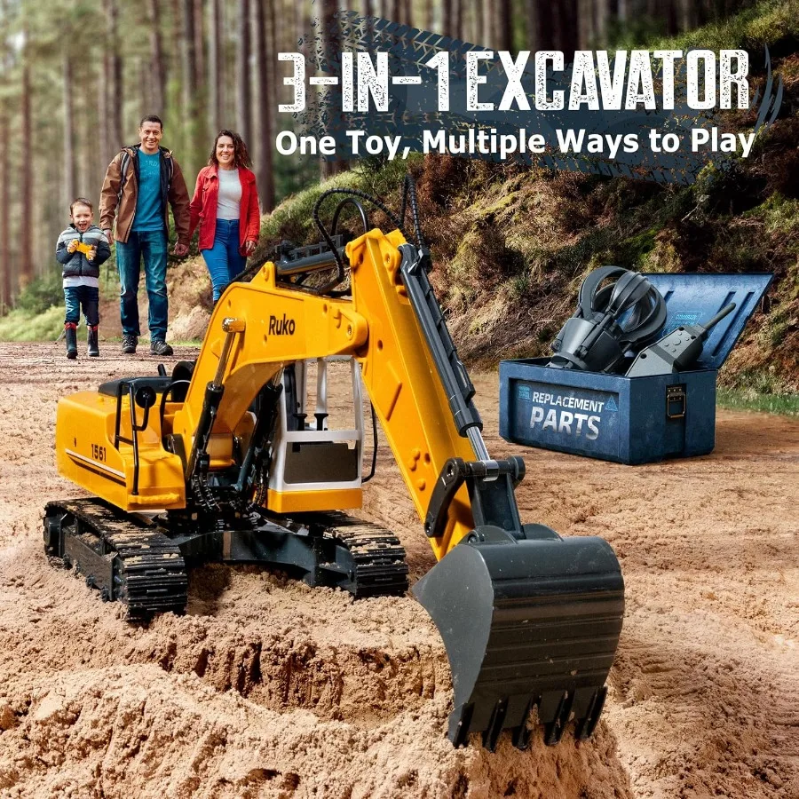 Excavator 3 in 1 Construction Toys for Boys, 17 Channel Remote Control Vehicles with Grab Alloy Shovel Drill, Realistic Lights &