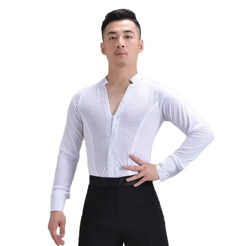 Mannen Professionele Latin Dance Tops Volwassen Heren Lange Mouw Shirt Standaard Ballroom Wals Wedstrijd Danskleding In Voorraad