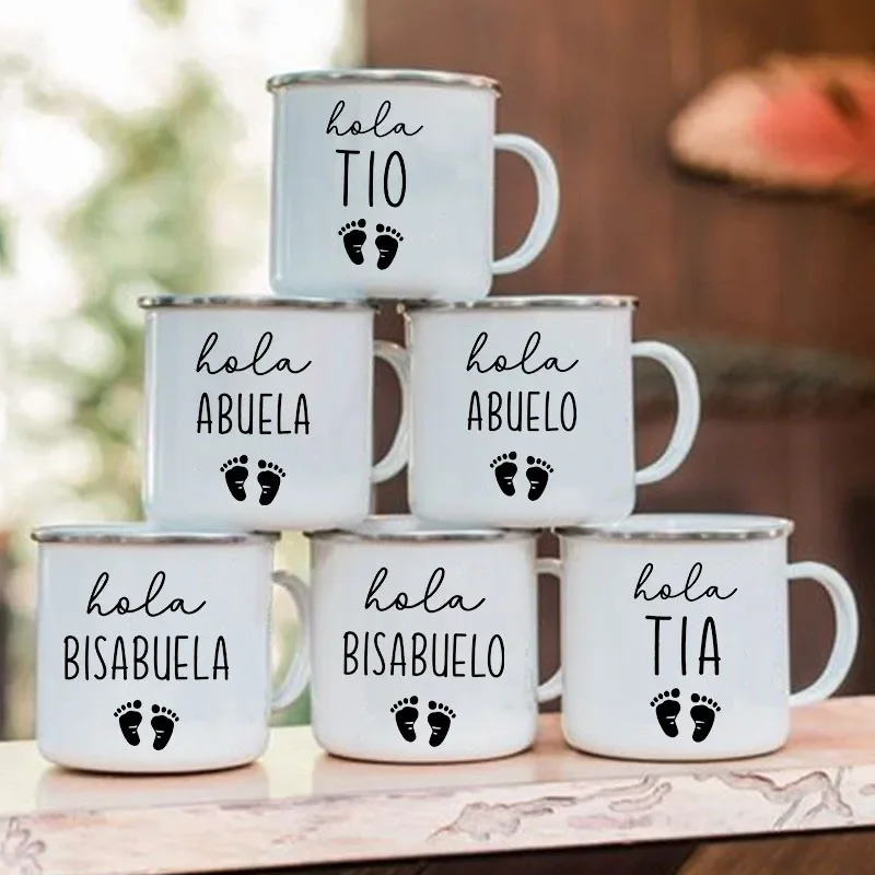 Hola Abuela & Abuelo Print Enamel Mug Drink Milk Coffee Cup Pregnancy Announcement Mugs Best Idea Gift for Abuela/Abuelo/Tia/Tio