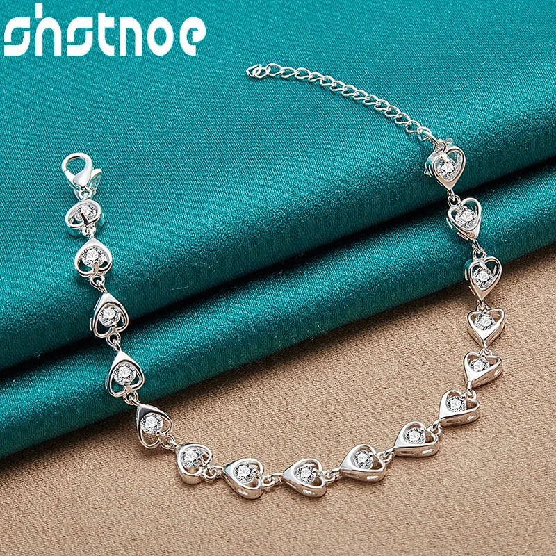 

SHSTONE 925 Sterling Silver AAA Zircon Heart Chain Bracelets For Women Lady Wedding Birthday Party Luxury Charm Jewelry Gifts