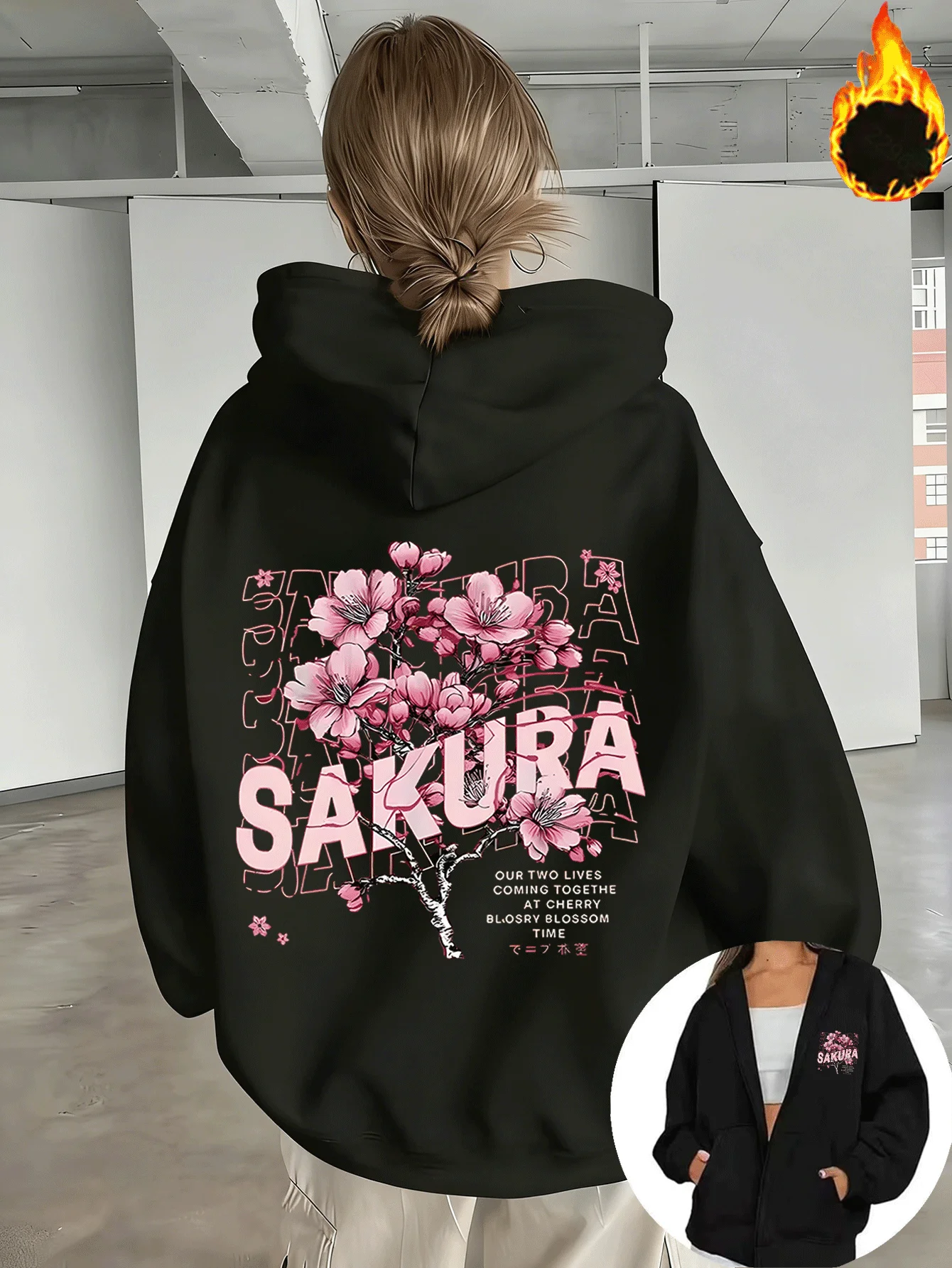 Cherry Blossoms Print Women's Zipper Hoodies Cotton Fleece Jacket Hoody Sweatshirt Pullover Autumn Winter Oversize Loose Coat
