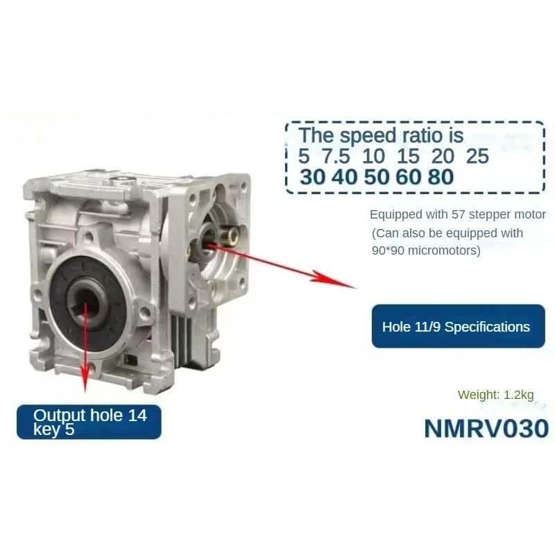 Imagem -06 - Worm Gear Reducer Nmrv030 High Torque Gearbox Redutor Entrada 11 mm Saída 14 mm Relação 5:1 80:1 Flange Diâmetro 140 mm Motor