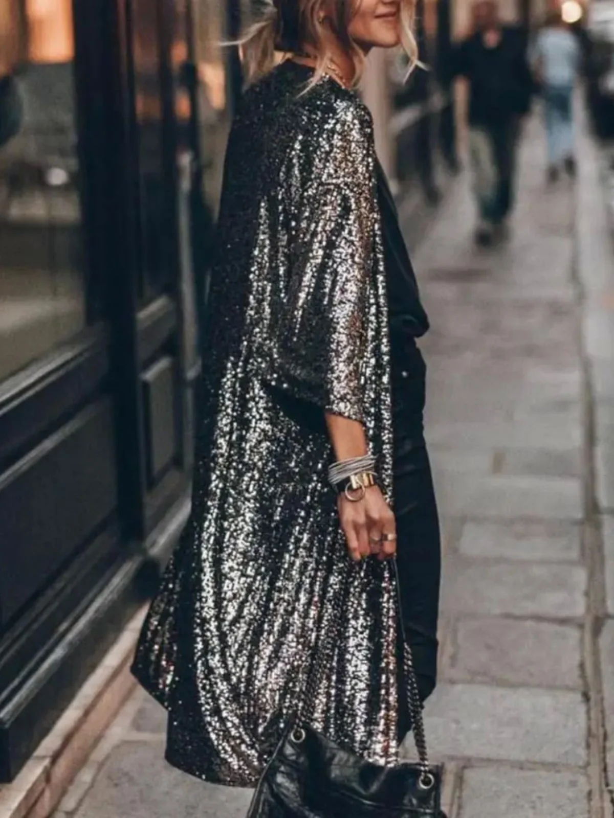 เสื้อคลุมคาร์ดิแกนผู้หญิงแบบยาวปานกลาง แต่งเลื่อมวิบวับ แจ็คเก็ตเปิดด้านหน้า สไตล์สตรีท คอวี แขนยาว ทรงเข้ารูป สำหรับฤดูหนาว