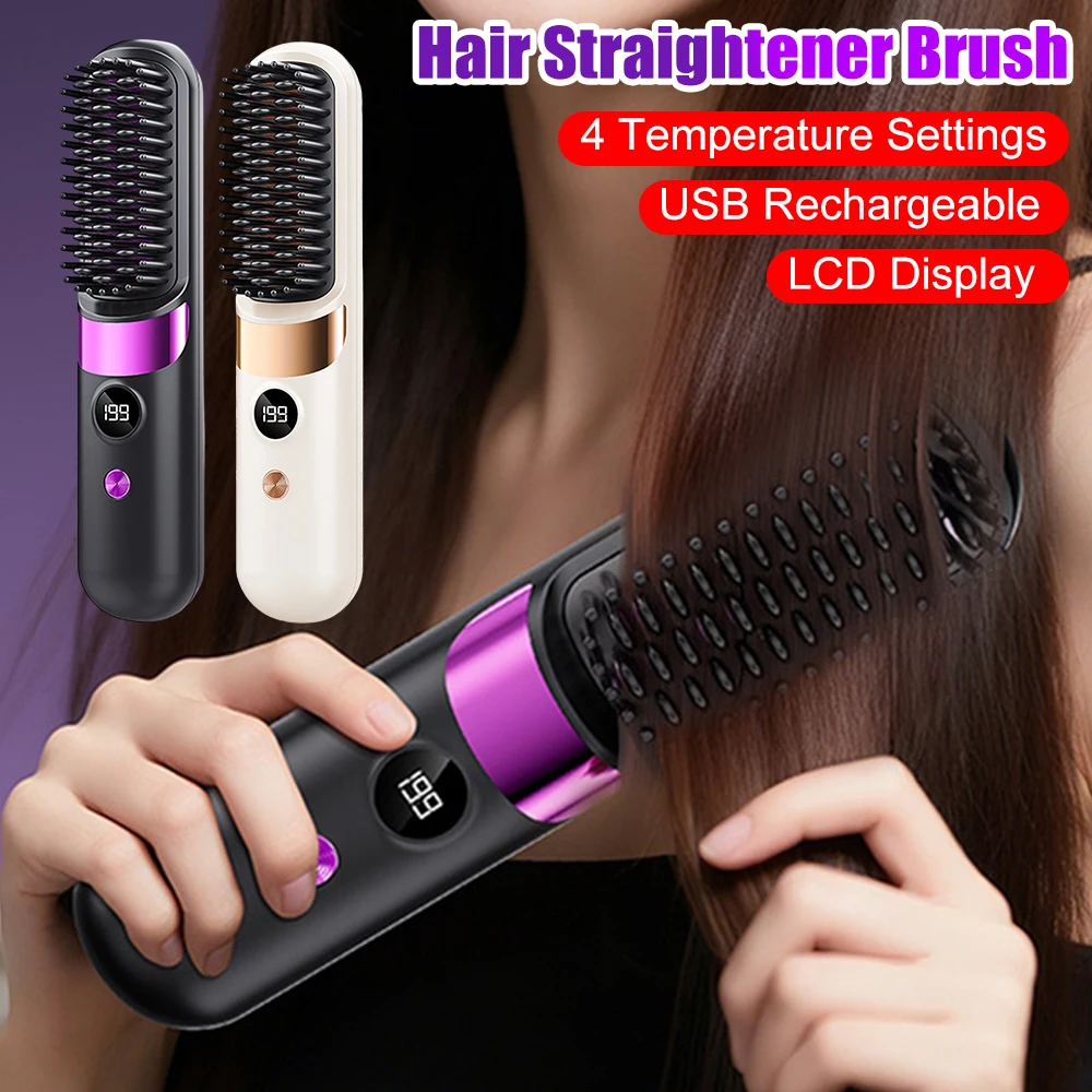 

Cordless Hair Straightener Brush with 4 Temperature Settings & LCD Display Portable Hair Straightening Brush Gift for Women