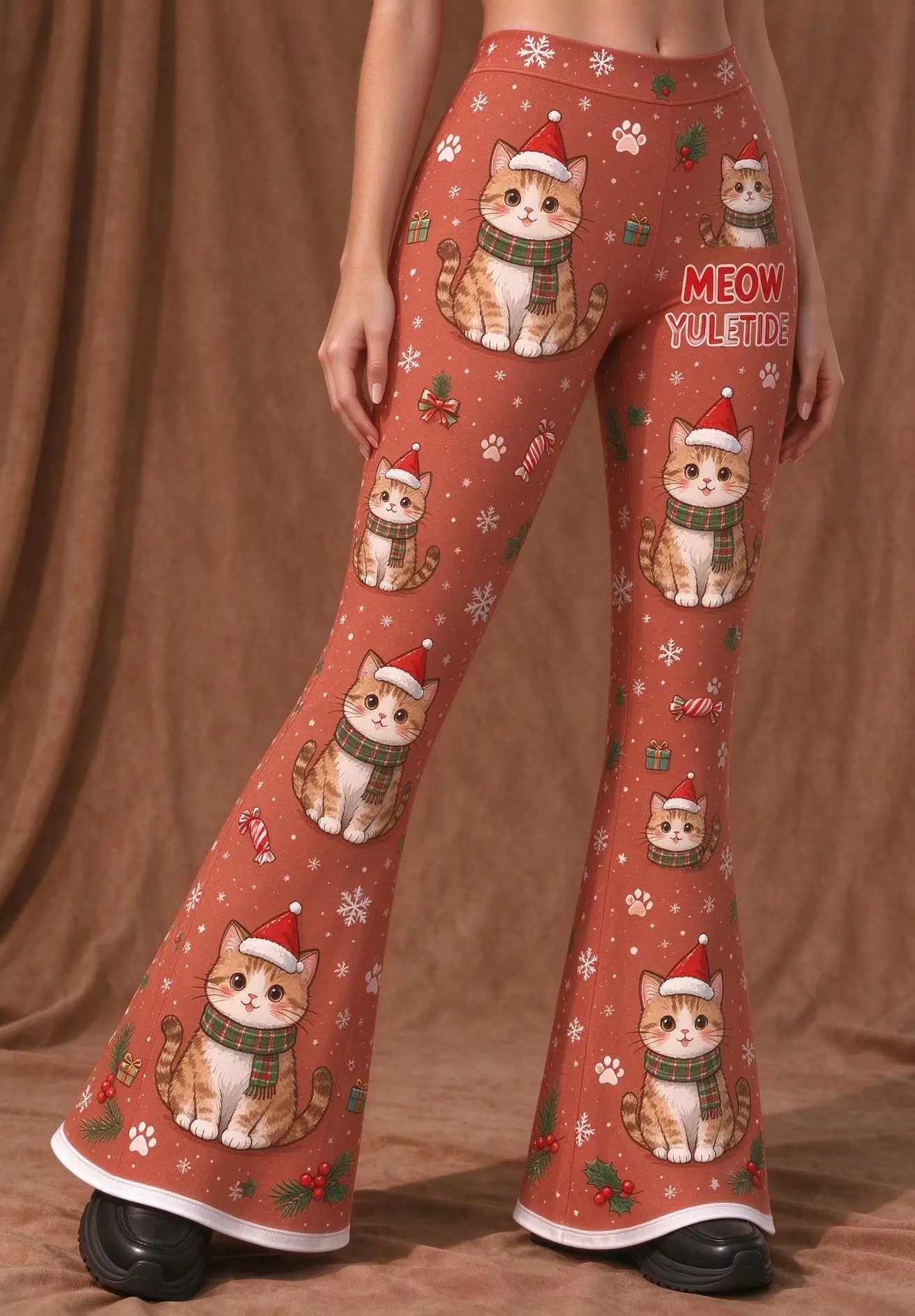 Women Mid Rise Skinny Flare Pants Christmas Snowman Penguin Cool Yule Print Rust Red Stretch Bell Bottom Trousers