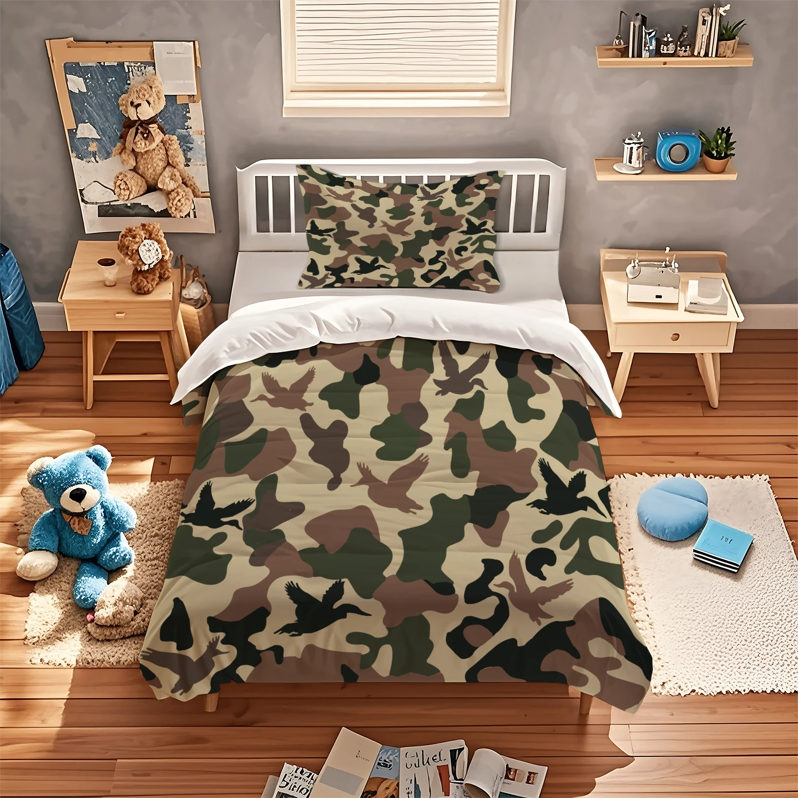 Camouflage Duck Hunting Duvet Cover Set Flying Wild Duck Silhouette Pattern Hunting Camo Bedding Set Twin/Full/Queen/King Size