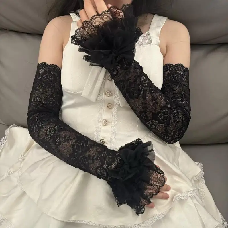 Vintage Lolita JK Lace Fingerless Gloves Women Elastic Fake Long Arm Sleeves for Retro Theme Party Stage