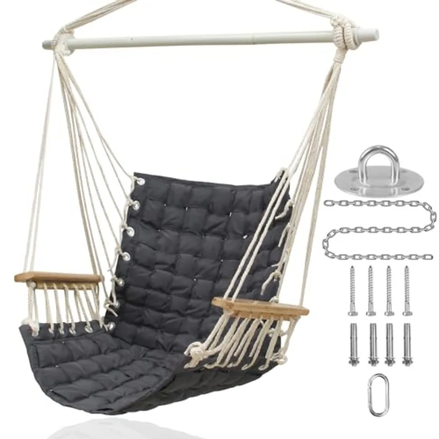 

Upgraded] Hammock Chair Hanging Swing with Wooden Armrests;Steel Spreader Bar and Anti-Slip Rings;Cotton Woven Fabric;Up to 300