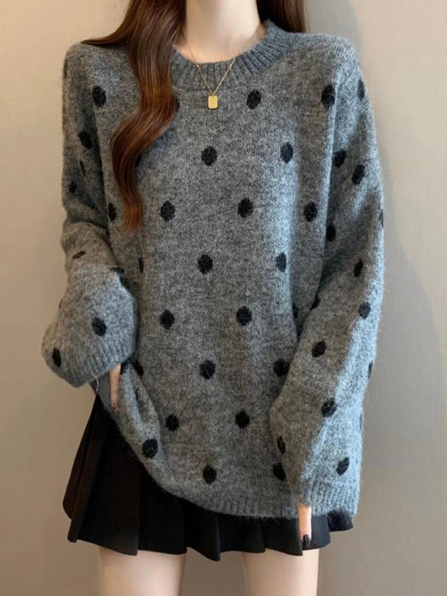 

Женский вязаный пуловер в горошек оверсайз, осенне-зимний, свободный, уютный топ больших размеров, комфортный трикотажный топ