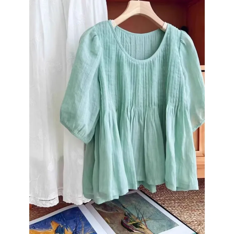 Women Pleated Crinkled Linen Blend Blouse Round Neck Puff Half Sleeve Loose Summer Babydoll Shirt