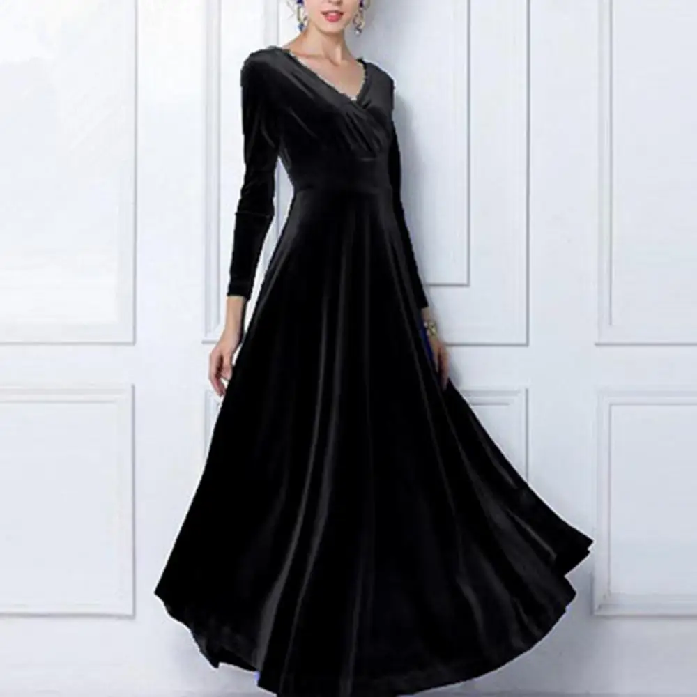 

Vintage Women Autumn Long Sleeve V Neck Pleated Velvet Banquet Party Maxi Dress Party Wedding Elegant Evening dress