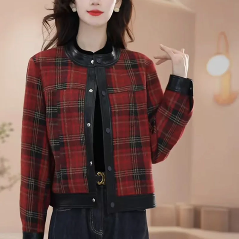 Women's Small Fragrant Style Coat 2026 Spring Autumn New Loose Versatile Jackets Top Round Neck Patchwork Checkered Jacket