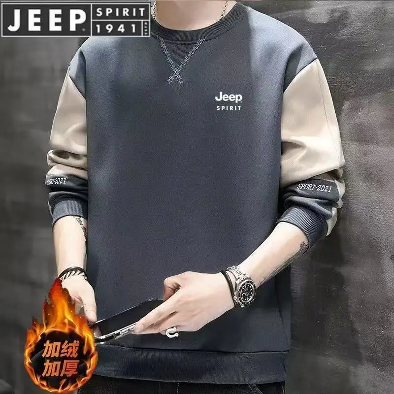 JEEP 2026 Autumn Winter Men's Hoodie, Thick Fleece Lined Crew Neck Sweatshirt