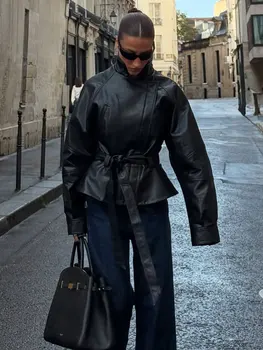 HH Women Fashion Black Short Faux Leather Trench Coat Long Sleeve Lapel Jacket With Belt Vintage Lady Motorcycle Jacket Outwear 3