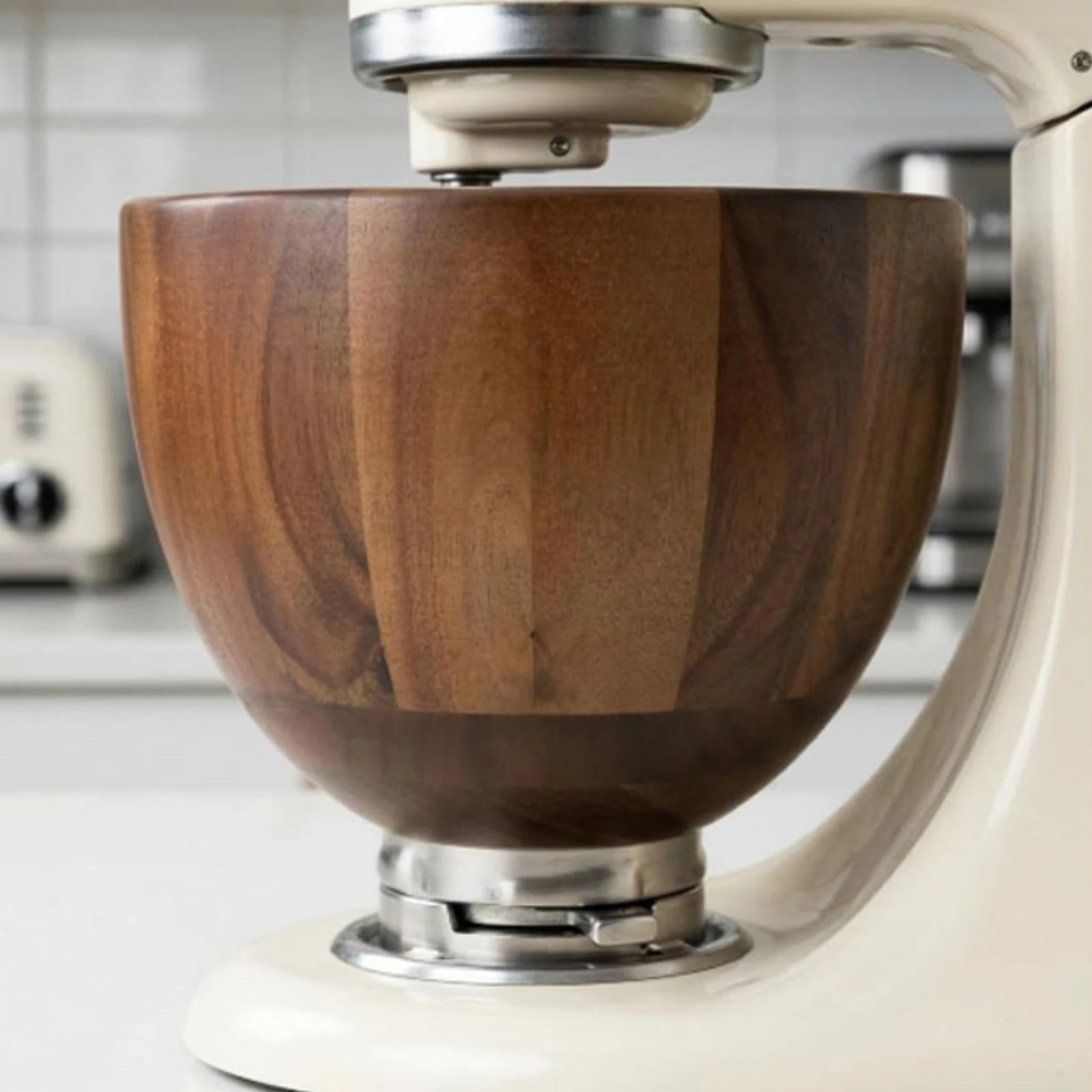Lidded Wooden Bowl Stainless Steel Base Wooden Mixing Bowl Tableware Center Opening Lid