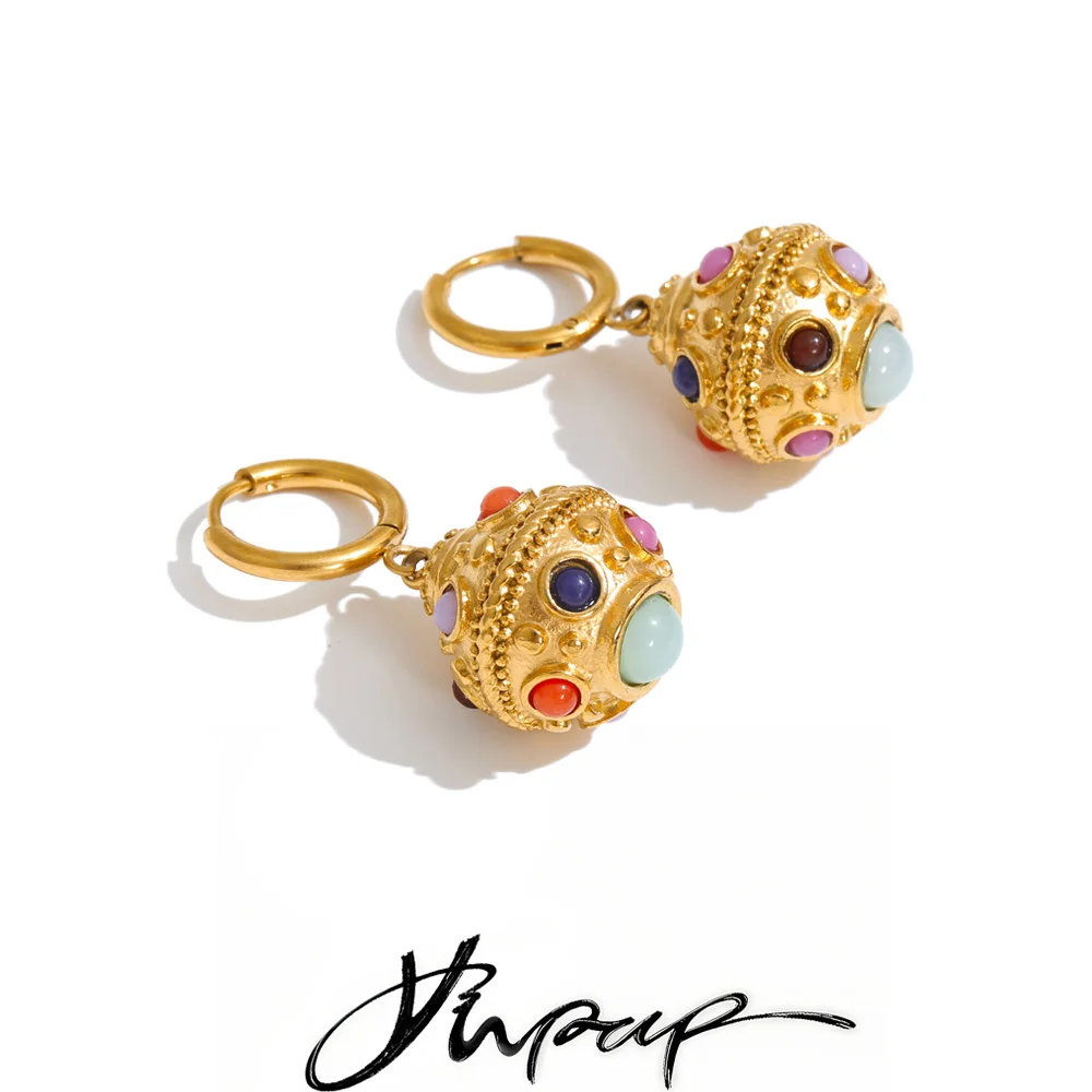Yhpup 26g Edelstahl Runde Hängeohrringe 18K Goldfarbe PVD-beschichtet Naturstein Exquisiter Französischer Schmuck