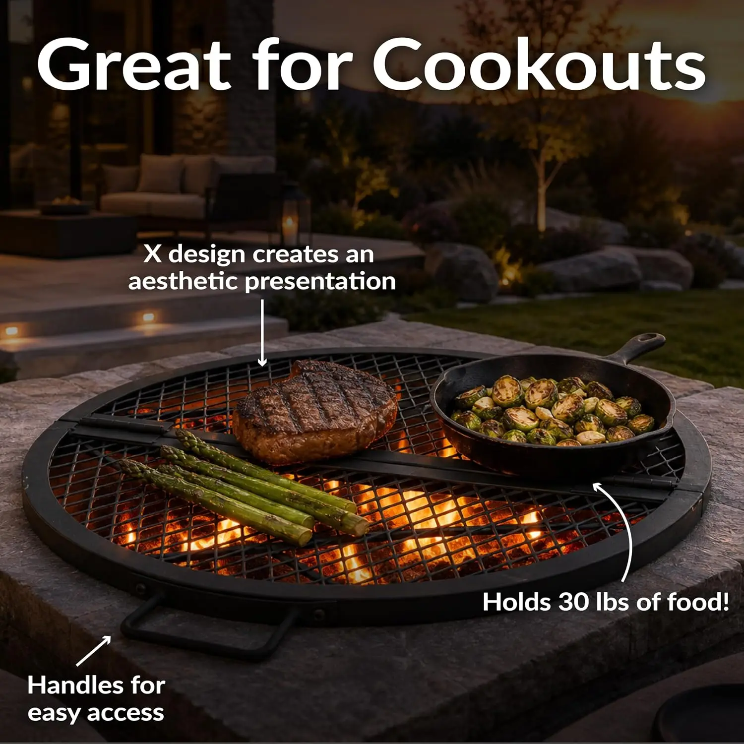 Sunnydaze Round Folding Camping Grill Grate - Portable Foldable Campfire Cooking Grate for Fire Pit - Heavy-Duty Black Steel wit