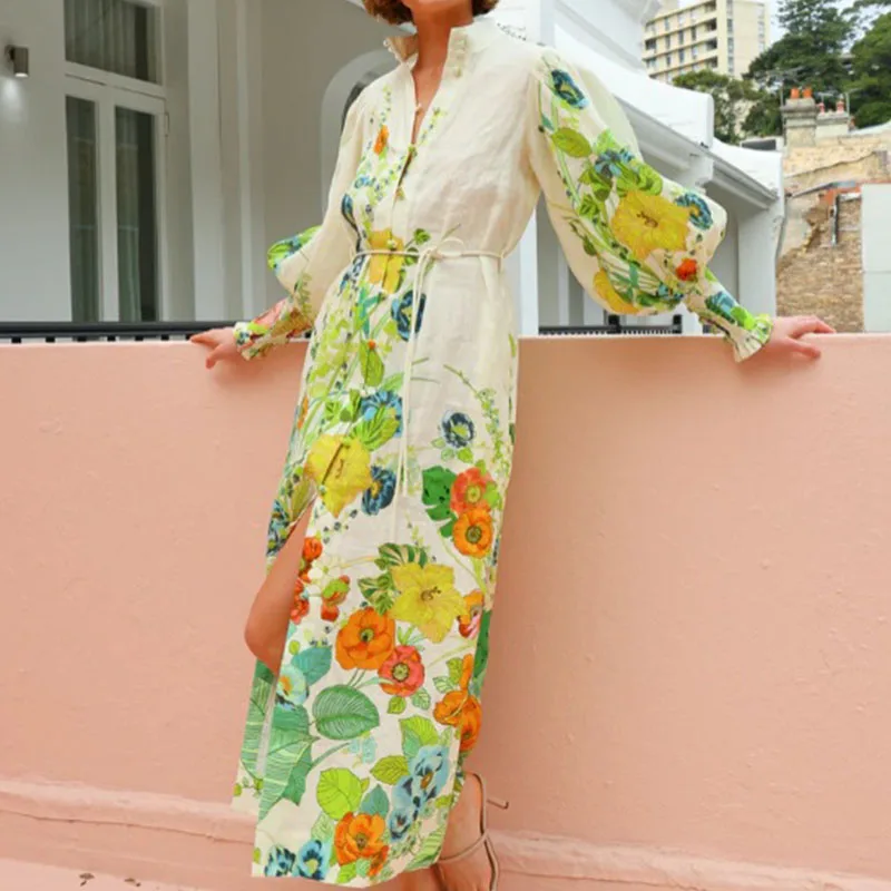 

New Floral Print Lantern Sleeve Shirt Dress Elegant Stand Collar High Waist Lace-up Long Dress Temperament Single-breasted Dress